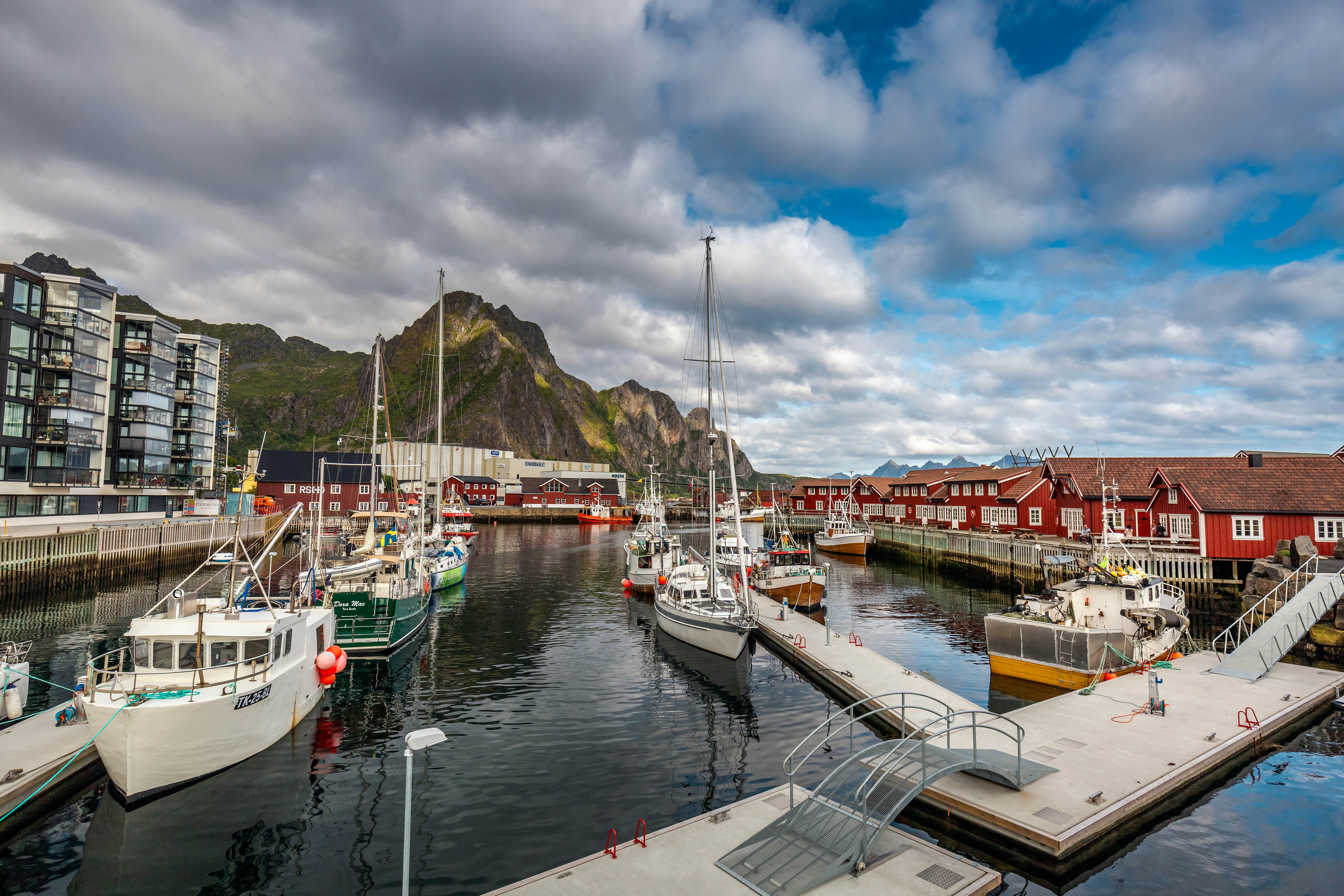 Sailing boats at Svolver is the administrative centre of Vagan Municipality in Nordland County, Norway. It is located on the island of Austvagoya in the Lofoten archipelago, along the Vestfjorden. Svolver, Norway - August 24 2019.
